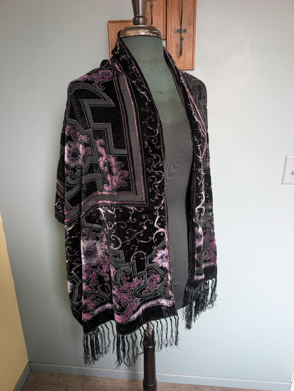 Black Silk Burnout Velvet Floral Fringe Shawl Scarf with Purple Accents